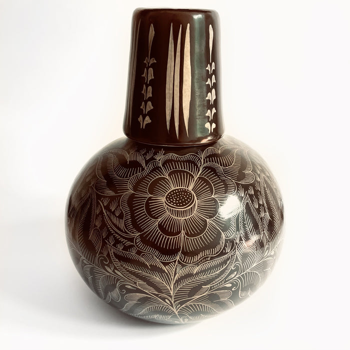 Clay Pitcher & Glass - Hand Painted - Dark Brown