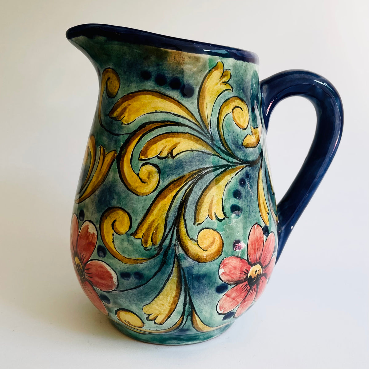 Hand-Painted Mayolica Tear Shaped Pitcher - Blue with Flowers — Mexico1492
