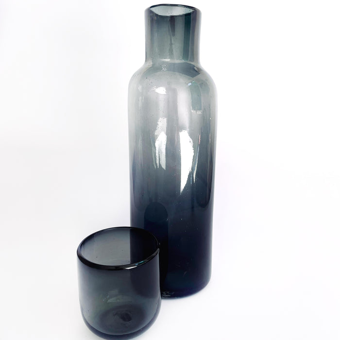 Blown Glass Water Carafe & Glass - Large - Cylindrical - Smoke
