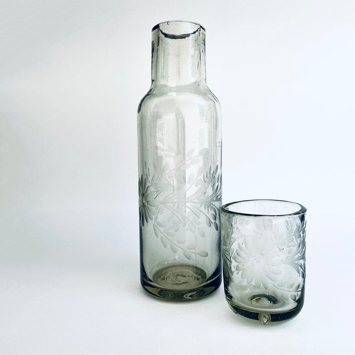 Blown Glass Water Carafe & Glass - Etched - Clear