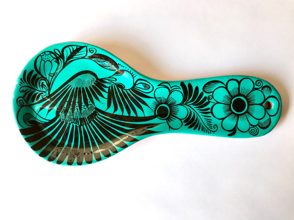 Mexico 1492 - Hand-painted, glazed cooking spoon holder that will lighten any kitchen and inspire your new gourmet masterpieces. Black on Turquoise.