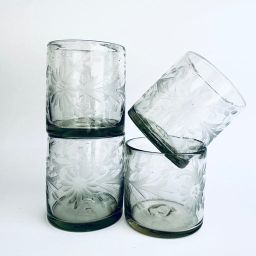 Blown Glass Cylindrical Tumblers - Etched