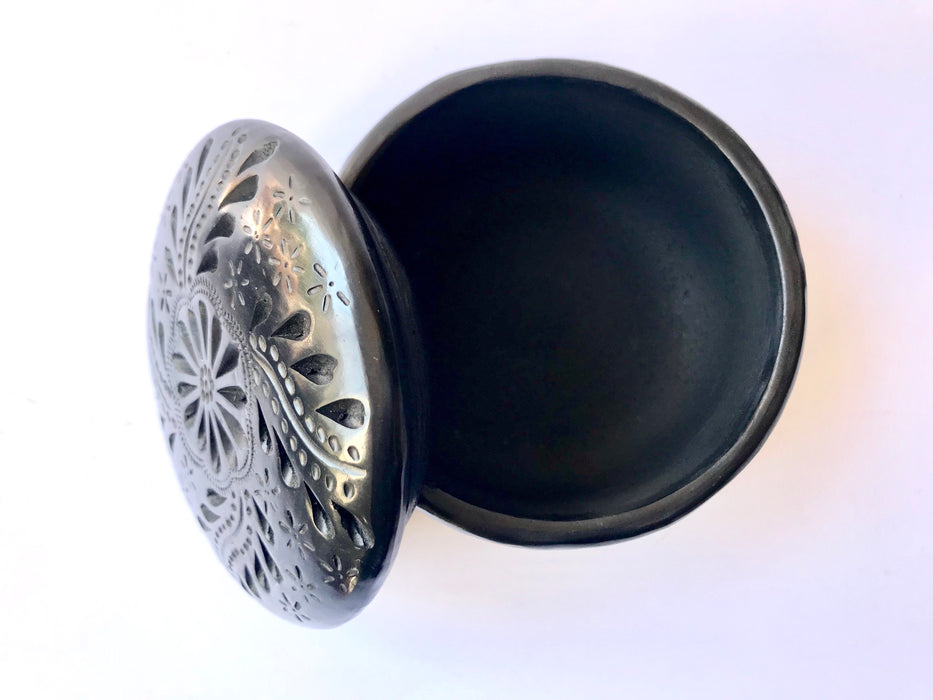 Mexico 1492 - round black clay sugar bowls with carved lids. Hand made and carved in Oaxaca. 