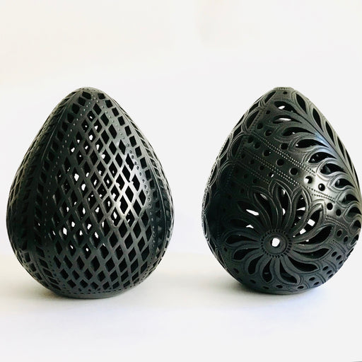 Black Clay Carved Candelholder - Egg Shaped - Large