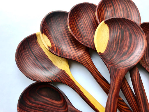 Mexico 1492: Beautiful granadillo hardwood cooking spoons, handmade, with dark red grain combined with lighter wood stem parts. A true luxury kitchen utensil with a generous-sized, wide spoon bowl. 