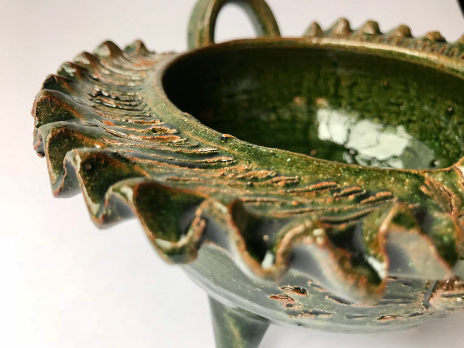 Mexico 1492: Whimsical bird-shaped salsa bowls, with ornaments like flowers or fruit. Made of clay, then bathed in spectacular, world-famous, lead-free green glaze.  With the new, lead-free technique for glazing, we can safely enjoy these beauties today as both decorative and utilitarian pieces. Great for serving salsa, appetizers, dips, marmalade, salt and spices.