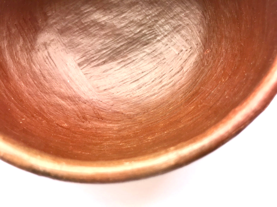 Mexico 1492: Exciting polished bowls, made from groovy, red clay and marked with random flame spots, adding character. Good for soup or cereal, but best for serving appetizers or spices. Still showing the line marks of the artisan's work with the quartz stone. Lead free, unglazed. Thanks to the amazing, random pattern of the quartz polish lines and the flame marks, no two pieces are the same. 