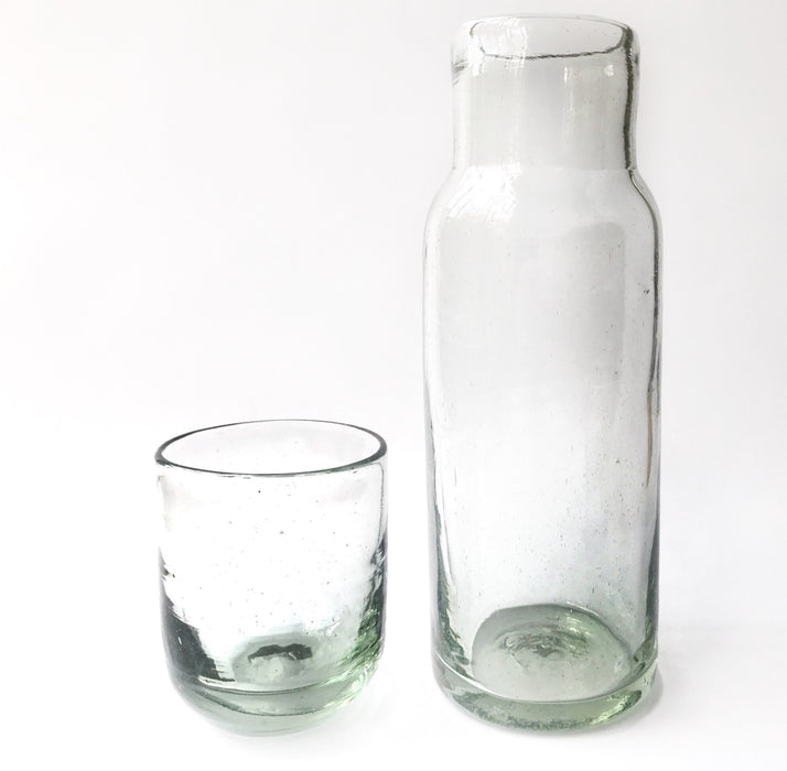 Blown Glass Water Carafe & Glass - Large - Cylindrical - Clear