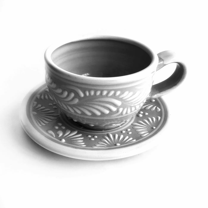 Talavera Cup & Saucer - White on Gray