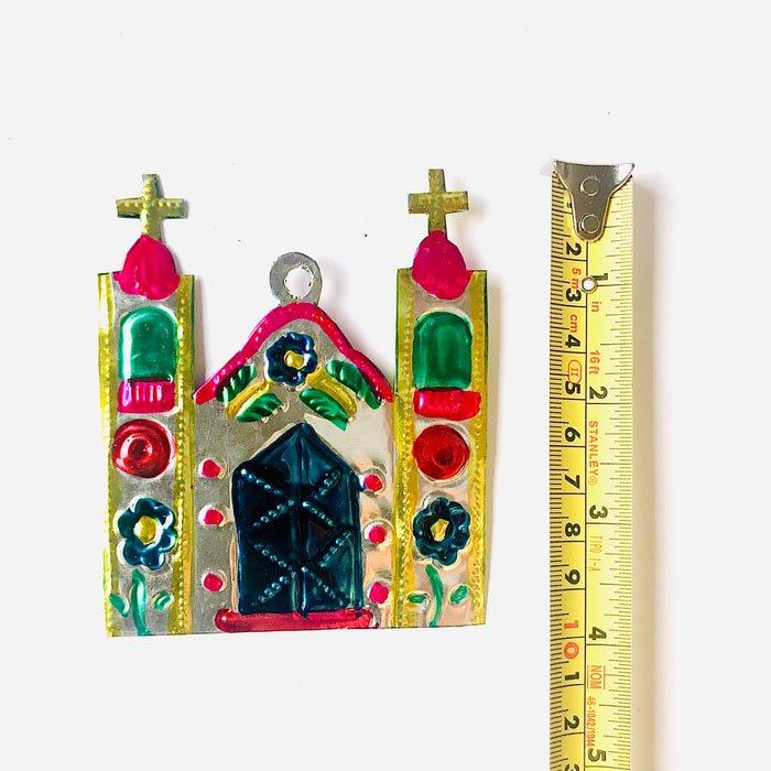 Mexico 1492 - A gorgeous example of Mexican folk art: Cathedral Christmas tree ornament made of tinplate. Handmade by Oaxacan artisans, using the repujado (embossing) technique, and painted on both sides.