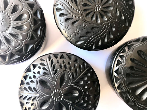 Mexico 1492 - round black clay sugar bowls with carved lids. Hand made and carved in Oaxaca. 