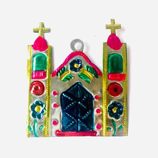 Mexico 1492 - A gorgeous example of Mexican folk art: Cathedral Christmas tree ornament made of tinplate. Handmade by Oaxacan artisans, using the repujado (embossing) technique, and painted on both sides.