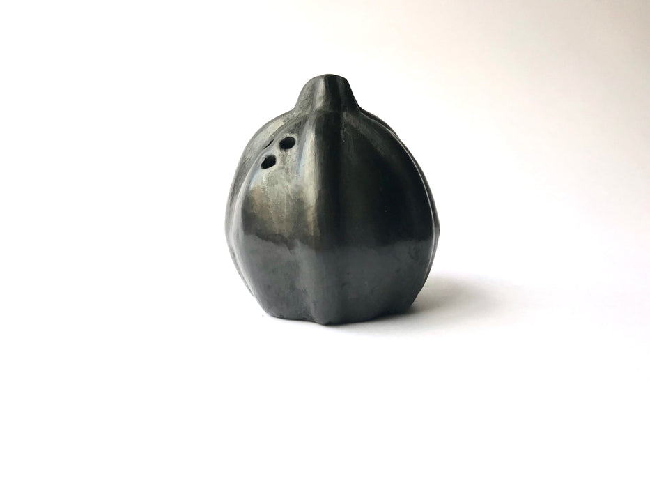 Squash shaped salt or pepper shaker made from the Oaxacan black clay. Squash is one of the early gifts of the Americas to the Old World, and this piece commemorates it well. 