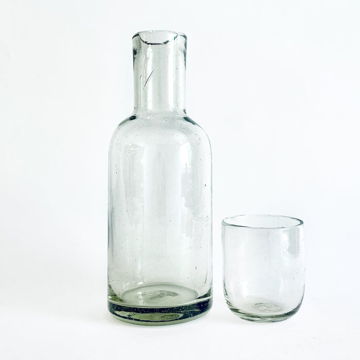 Blown Glass Water Carafe & Glass - Cylindrical - Clear