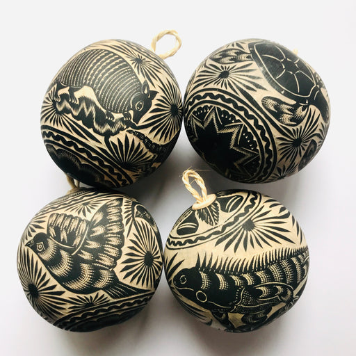 Mexico 1492 - Black carved gourd sphere (guaje), handmade in Oaxaca, perfect Christmas ornament