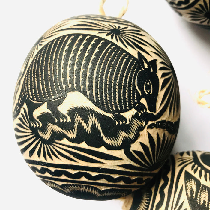 Mexico 1492 - Black carved gourd sphere (guaje), handmade in Oaxaca, perfect Christmas ornament - Armadillo
