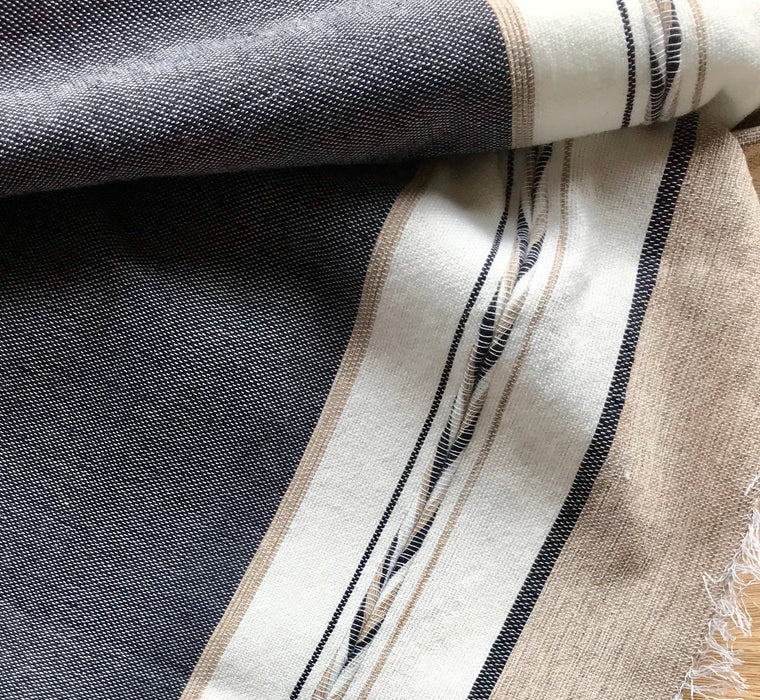 Mexico 1492: Pure cotton charcoal & pebble-colored tablecloth with 4 stripes and braids, handmade on a pedal loom, by tenured, skillful artisans in one of the oldest, family-owned weaving workshops in Patzcuaro, Michoacan.   Available in 4 color combinations: Charcoal, Charcoal & Pebble, Pitaya & Grape and Oaxaca Sand.  L 2m (78.7") x W 2m (78.7")