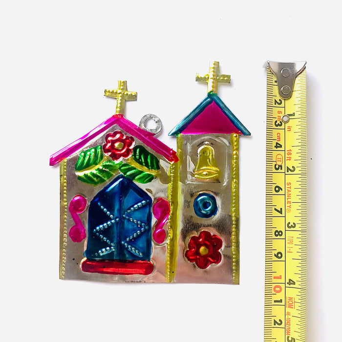 Mexico 1492 - A gorgeous example of Mexican folk art: A small Town Church Christmas tree ornament made of tinplate. Handmade by Oaxacan artisans, using the repujado (embossing) technique, and painted on both sides. 
