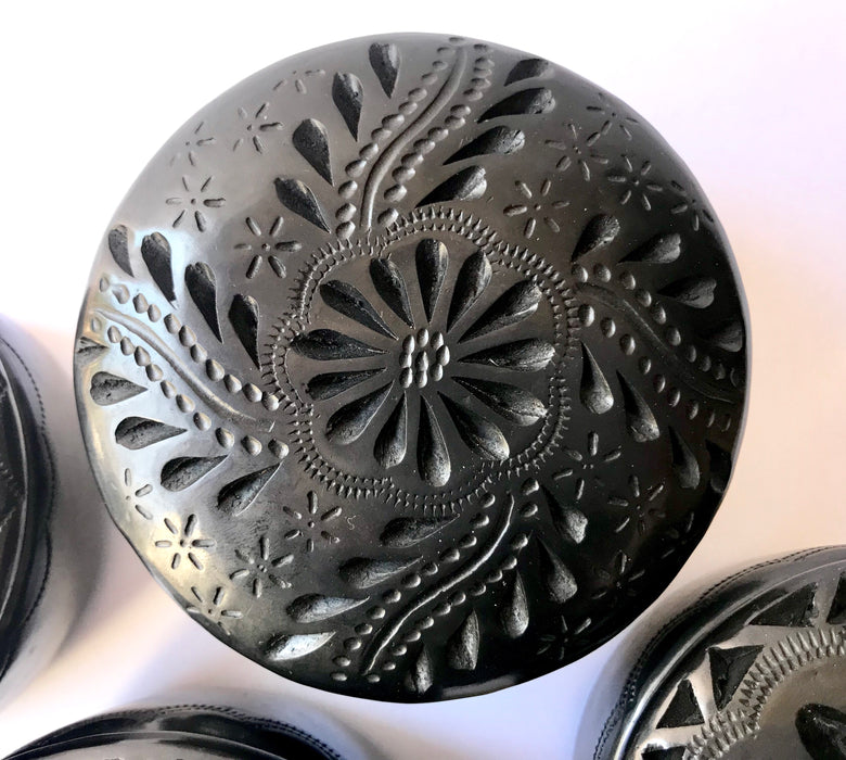 Mexico 1492 - round black clay sugar bowls with carved lids. Hand made and carved in Oaxaca. 