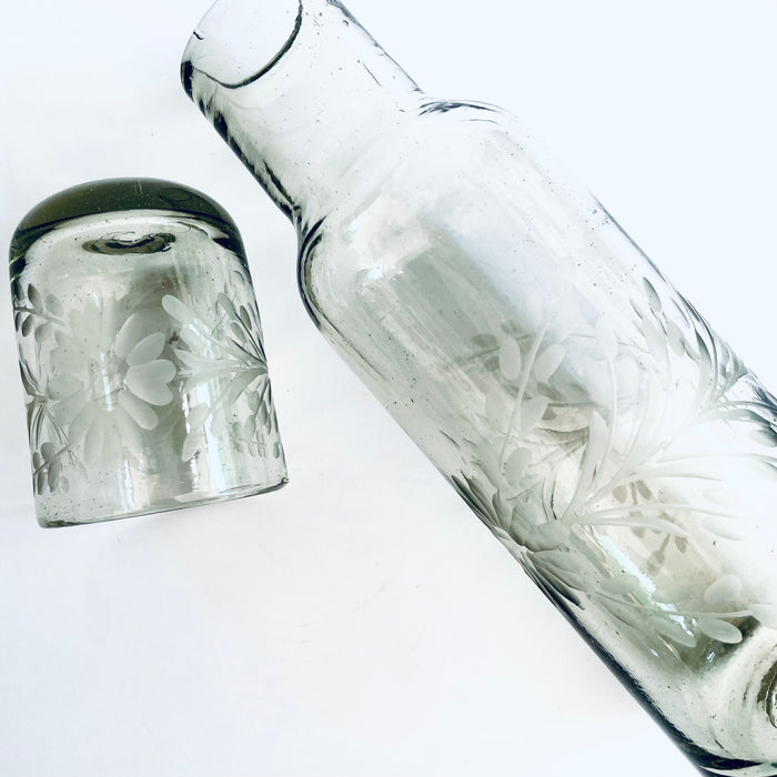 Blown Glass Water Carafe & Glass - Etched - Clear