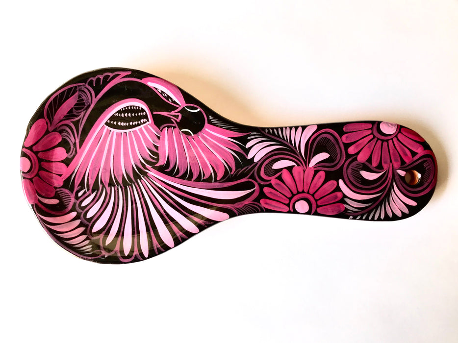Mexico 1492 - Hand-painted, glazed cooking spoon holder that will lighten any kitchen and inspire your new gourmet masterpieces. Pink on Black.