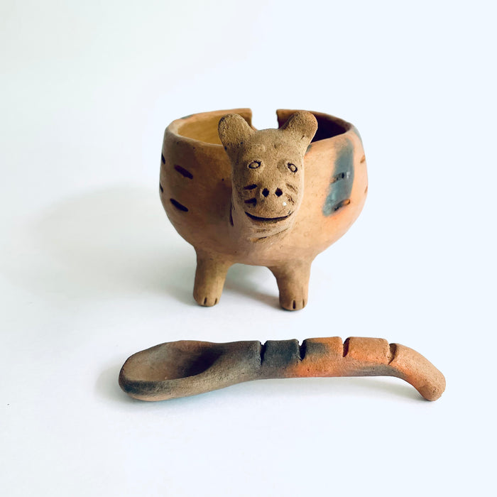 Red Clay Jaguar Shaped Salsa Bowl with Spoon - Large