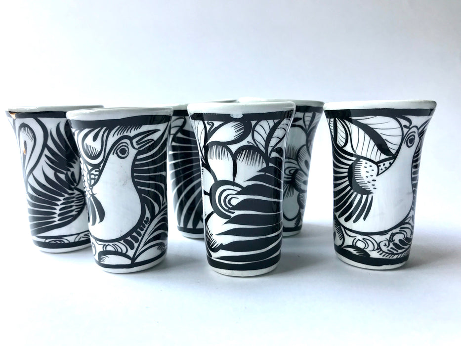 Mexico 1492 - Whimsical, black and white Mexican tequila or mezcal shot glass. Hand painted by artisans in rural Guerrero, they bring the joy of Mexico to every party and gathering. 