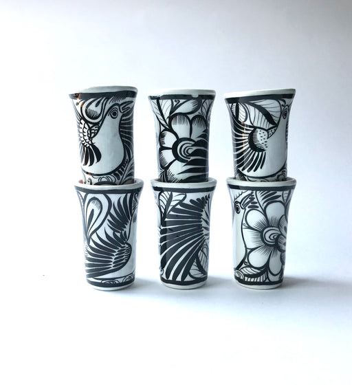 Mexico 1492 - Whimsical, black and white Mexican tequila or mezcal shot glass. Hand painted by artisans in rural Guerrero, they bring the joy of Mexico to every party and gathering. 