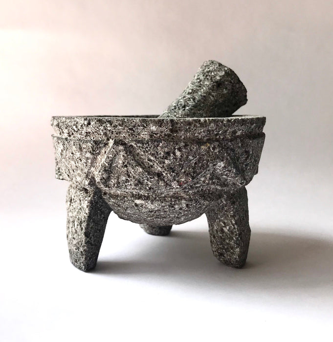 Mexico 1492: Serpent-adorned, traditional Mexican molcajete, small sized. Ideal for salsas and guacamole.